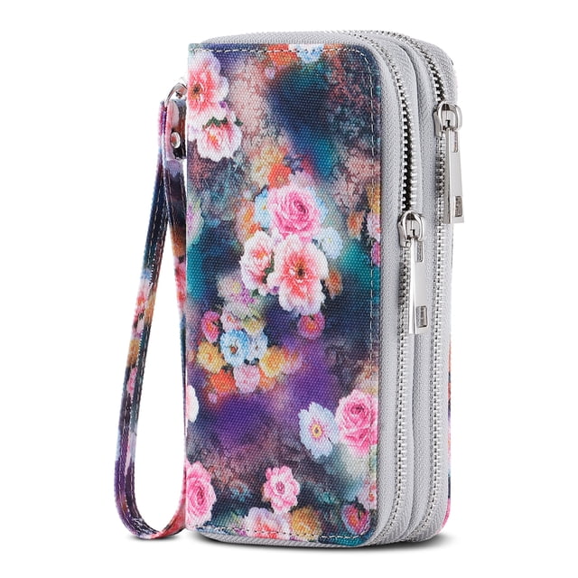 Womens Double Zipper Wallet Clutch Purse Cellphone Long Wallet with Removable Wristlet