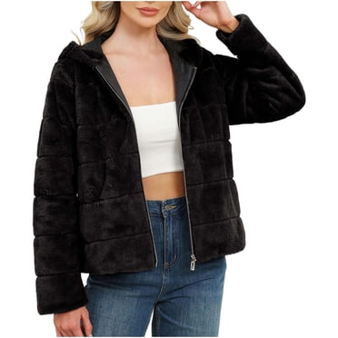 RXMEKW Faux Fur Hooded Long Coat for Women, Winter Warm Outerwear, Solid Color Polyester Jacket for Ladies, Black L