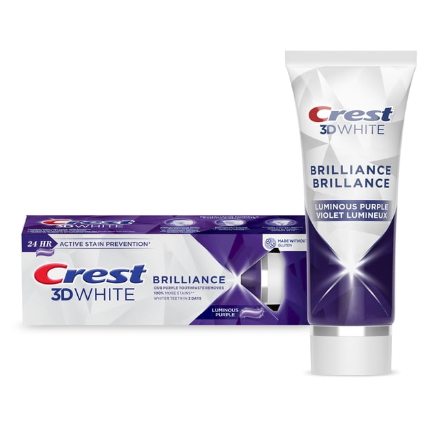 Crest 3D White Brilliance Teeth Whitening Purple Toothpaste in Luminous Mint flavour, showing an 85mL tube and matching box with white and purple geometric design, highlighting 24-hour stain prevention, fluoride cavity protection, and micro-cleansing whitening formula ideal for daily oral care.