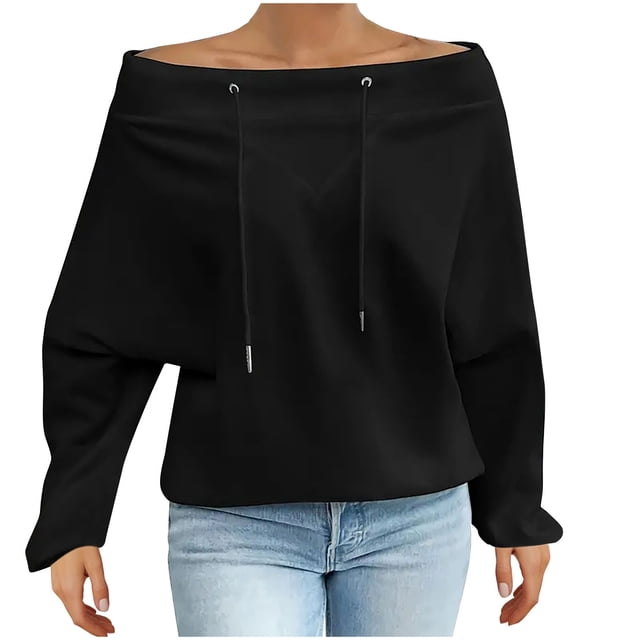Women's Off Shoulder Sweatshirt Adjustable Drawstring Oversized Long Sleeve Shirt Pullover Basic Slouchy Clothes 2025