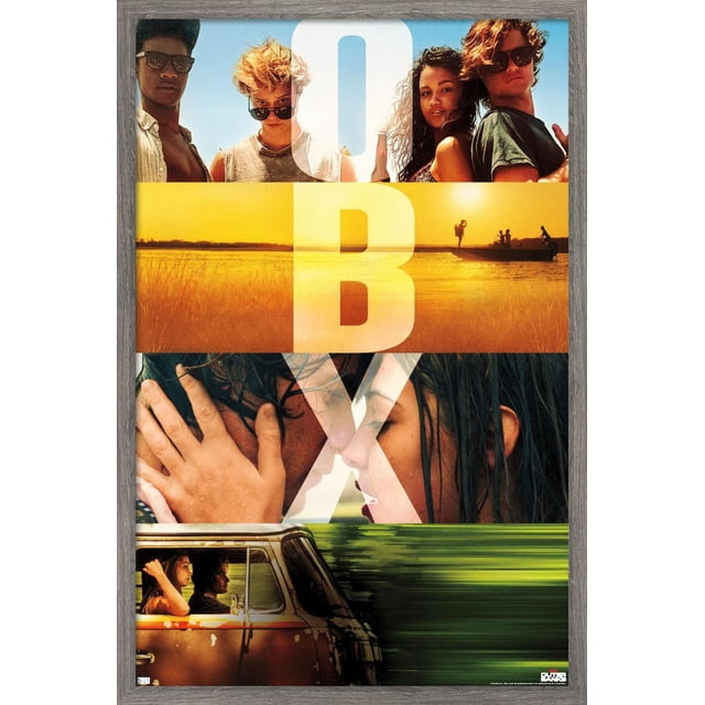 Netflix Outer Banks - OBX Wall Poster, 22.375" x 34" framed, featuring a collage of four young people outdoors under a blue sky, a golden sunset over marshland with a boat silhouette, a close-up of a couple touching faces, and a vintage van driving past blurred greenery, with large white letters 'O', 'B', and 'X' overlaying the images. This glossy high-resolution poster is suitable for decorating bedrooms, dorms, or offices.