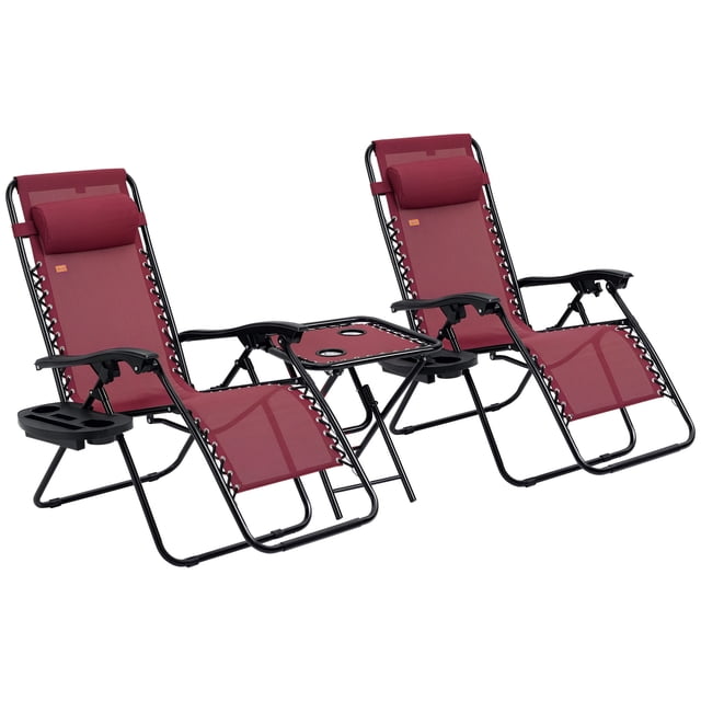 Outsunny Ensemble de Chaises à Gravité Zéro avec Table Pliante et Plateaux Porte-Gobelet Rouge