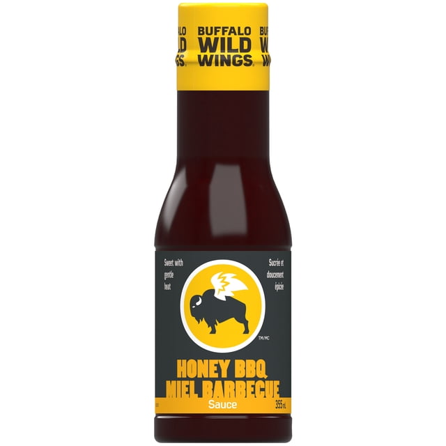 BWW Honey BBQ Sauce bottle with yellow cap and black label featuring Buffalo Wild Wings logo, sweet with gentle heat, 355 mL barbecue condiment suitable for dipping, marinating, or glazing meats.
