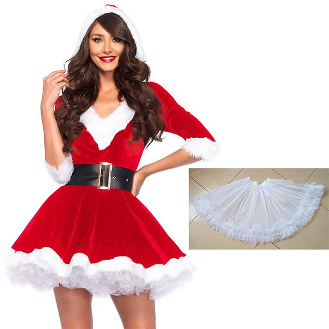 KAWELL Ensemble de Costume 2 Pcs Mrs Claus Comprenant une Robe à Capuche en Velours Rouge avec Garniture en Fausse Fourrure Blanche et une Grand Ceinture Noire avec une Boucle Dorée. l'Ensemble Comprend une Jupe-Jupon Blanche pour une Touche festive Accrue. Idéal pour les Fêtes de Noël Ou les Événements des Fêtes.