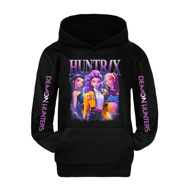DEMON HUNTERS DemonHunters by kpopsingers Ragazze Chandail à Capuchon à Enfiler pour Filles avec Imprimé Graphique en Noir, Présentant « Huntrix » vibrant et des Motifs de Personnages à l'Avant. les Manches Affichent « » en Violet. Fabriqué en polyester Doux, Ce Chandail à Capuchon Décontracté et Confortable Convient aux Filles de 3 à 16 Ans, Idéal pour le Port Quotidien, les Activités de Plein Air et à Agencer avec des jeans Ou des Pantalons Décontractés. le design du Chandail à Enfiler Comprend une Capuche Pratique et une Coupe Ample pour un Déplacement Facile.