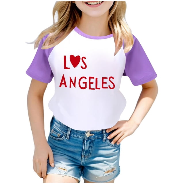 WEIYLL T-Shirts Filles Imprimé Lettres Manches Courtes Raglan Été Doux Décontracté Hauts pour Enfants 4-5 Ans