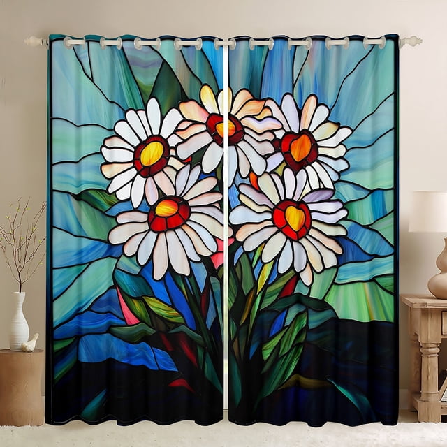 Ensemble de Rideaux de Fenêtre à Marguerites Blanches, 2 Panneaux, Rideau Rustique Jardin Naturel avec Fleurs en Floraison, Rideaux de Fenêtre Patchwork Style Vitrail Artistique pour Chambre d'Enfants Garçons, 52l X 63h Pouces