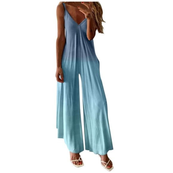 Womens Casual Sleeveless Jumpsuits Spaghetti Strap High Waist Stretchy Romper Wide Leg Tie Dye Stretchy Long Pants