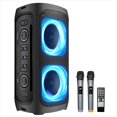 thumbnail image 1 of Karaoke Machine, Wireless Rechargeable Portable PA System/Speaker with 2 Wireless Mics, Bluetooth, FM Radio, LED Party Light, Remote Control Mega Bass Function, Built in Handel (2 Mics) (T600)…, 1 of 7