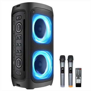 Karaoke Machine, Wireless Rechargeable Portable PA System/Speaker with 2 Wireless Mics, Bluetooth, FM Radio, LED Party Light, Remote Control Mega Bass Function, Built in Handel (2 Mics) (T600)…