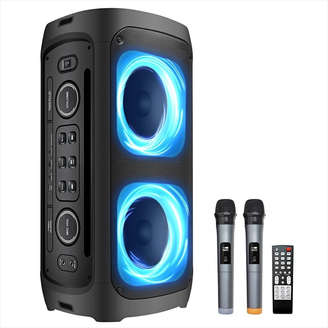 Karaoke Machine, Wireless Rechargeable Portable PA System/Speaker with 2 Wireless Mics, Bluetooth, FM Radio, LED Party Light, Remote Control Mega Bass Function, Built in Handel (2 Mics) (T600)…