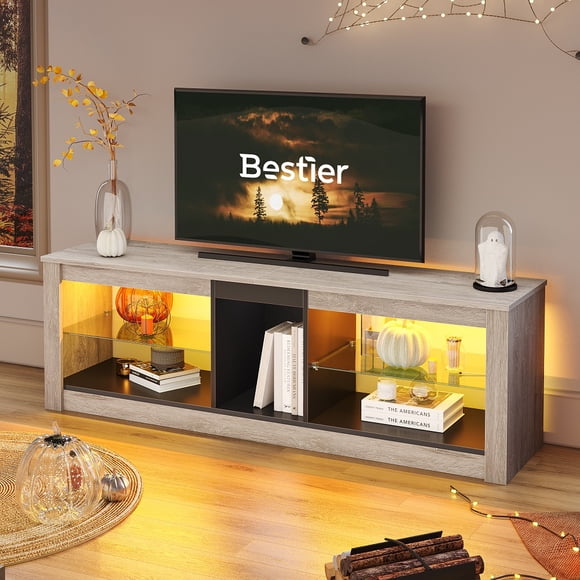 Bestier Meuble Télé RVB pour Téléviseurs jusqu'à 60 Pouces avec Lumières DEL, Centre de Divertissement, Gris Rétro