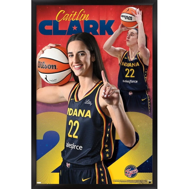 WNBA Indiana Fever - Caitlin Clark 24 Affiche Murale, 14,725 Pouces x 22,375 Pouces Encadrée Montrant Caitlin Clark en Bleu Marine Indian Fever jersey Numéro 22 Tenant un Ballon de basketball Wilson et Levant un Doigt, avec une image Secondaire de Son Tir, sur Fond Graphique Rouge et Jaune avec Son Nom et le logo de l'Équipe, Convient à la Décoration Murale de Salle de Sport Ou de Bureau.