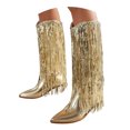thumbnail image 1 of Dakaela Bottes de Cowboy à Franges pour Femmes, Bottillons de Cowgirl à Paillettes Métalliques, Style Western à Enfiler avec Pompons, 1 of 8
