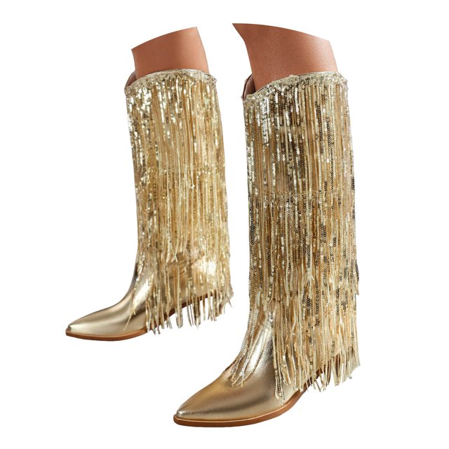 Dakaela Bottes de Cowboy à Franges pour Femmes, Bottillons de Cowgirl à Paillettes Métalliques, Style Western à Enfiler avec Pompons