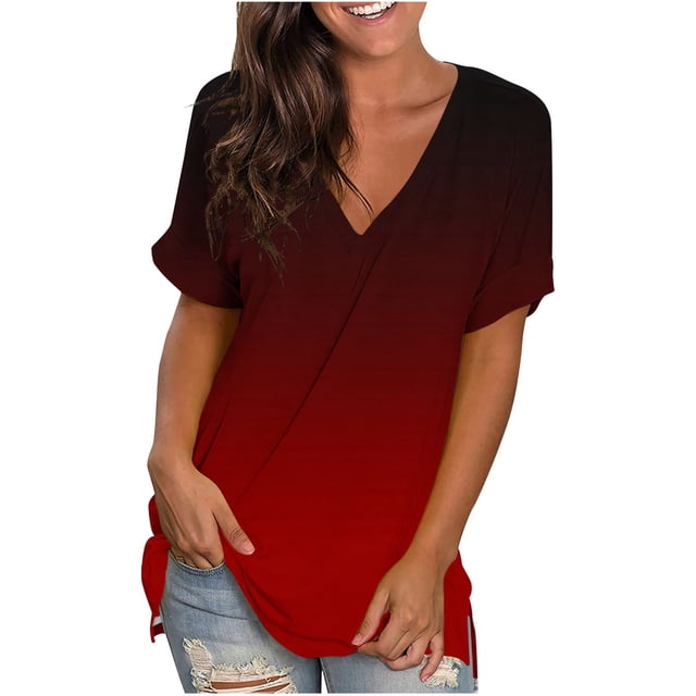 HWRETIE T-Shirt Dégradé pour Femmes à Manches Courtes, Col Rond, Coupe Ample, Haut Décontracté, Blouse d'Été