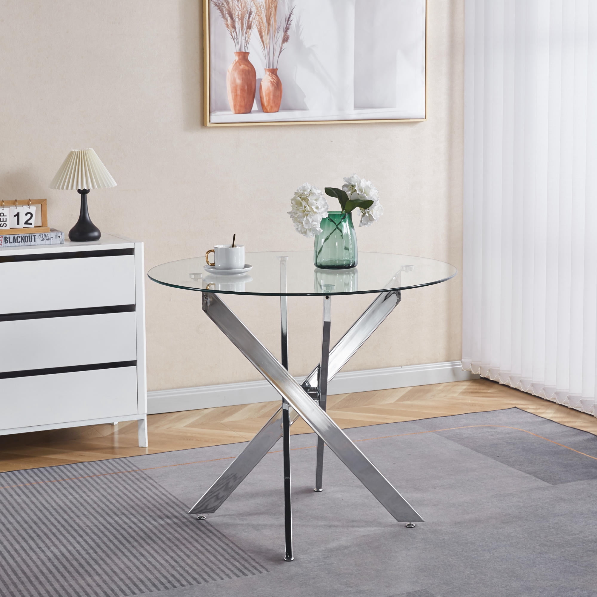 Round Dining Table,Glass Dining Table,Square 90x90x75cm, chrome leg ,glass table top