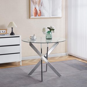 Table ronde, Table à manger en verre, Square 90x90x75cm, jambe chromée, plateau de table en verre