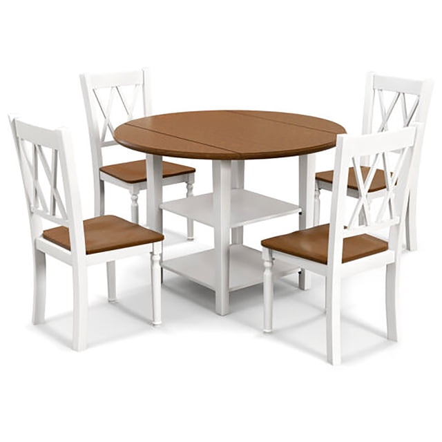 Gymax Ensemble de Cuisine Rond 5 Pcs avec table à Manger Pliable à Abattants, Fini Noyer et Blanc, Comprenant des Étagères à Deux Niveaux pour le Rangement et Quatre Chaises Ergonomiques avec Dossiers Hauts et Patins Antidérapants, Idéal pour les Aires de Repas Gain de Place.