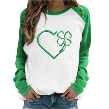 QIPOPIQ Women's Long Sleeve Crew Neck Shirts St. Patrick's Day T Shirts Sleeve Shamrock Printed T Shirt Lucky Green Shirt Round-Neck St Patricks Day Shirts Loose Long Tops Holiday Shirts Deals