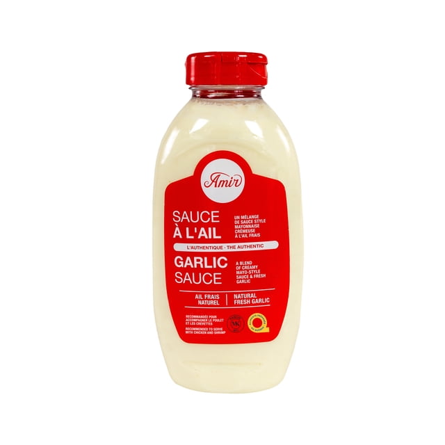 AMIR - GARLIC SAUCE - 350ML bottle of creamy white garlic sauce with a red label describing it as an authentic Middle Eastern mayo-style sauce made with natural fresh garlic, recommended for chicken, shrimp, and grilled vegetables.