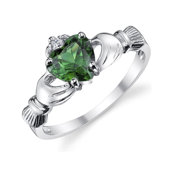 Women's Sterling Silver 925 Irish Claddagh Friendship Love Ring Simulated Emerald Green Heart Cubic Zirconia 8