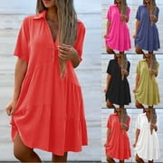 WRKEKC Women's Solid Color V Neck Midi Dress Knee Length Casual Work Dress Summer Dress