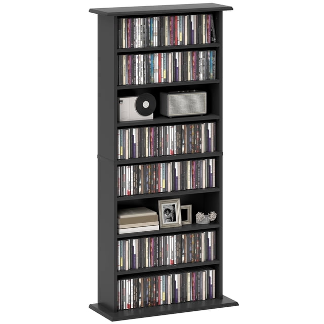 HOMCOM Media Storage Cabinet 8-Tier DVD Shelf with Adjustable Shelves in black. The cabinet features 8 compartments with 6 adjustable shelves, capable of holding up to 360 CDs, 185 DVDs, or 185 Blu-rays. Made of strong particleboard with a melamine surface, it includes an anti-tipping strap for stability. The compact design measures 22.8 inches wide, 9.4 inches deep, and 49.7 inches high, making it ideal for organizing media collections in small spaces.