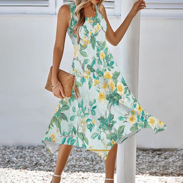 Ovzne Robes d'Été pour Femmes 2025 Robe Femme Mode Été Plage Imprimé Poches Débardeur Col Rond Sans Manches Débardeur Robes Vacances Robe Liquidation