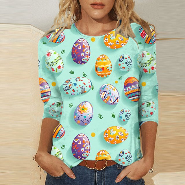 UPPADA Bunny T-Shirts de Pâques pour Femmes Lapin Oeuf Imprimé T-Shirts Manches 3/4 Col Rond T-Shirts d'Été Décontractés Mignons T-Shirts Graphiques Chandail Confortable Haut Vert,m