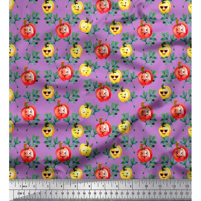 Soimoi Purple Rayon Crepe Fabric Leaves & Colorful Capsicum Vegetable Decor Fabric Printed Yard 46 Inch Wide