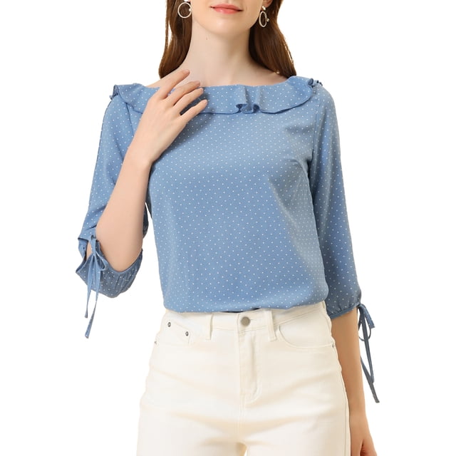 INSPIRE CHIC Women's Ruffled Neck Half Sleeve Sheer Summer Polka Dots Blouse Tops S Dusty Blue