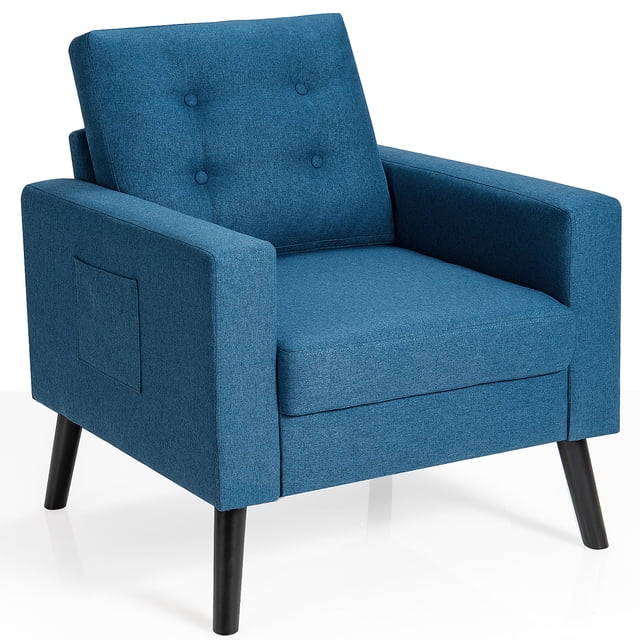 Costway Modern Accent Armchair Upholstered Single Sofa Chair w/ 2-Side Pockets Navy. This armchair features a navy linen fabric upholstery with button tufting on the backrest, wide armrests, and a deep seat for ergonomic comfort. It is supported by solid rubber wood legs with anti-skid foot mats for stability and floor protection. The chair includes two side pockets for convenient storage of small items like remotes or books. Dimensions are 29.5 inches long, 32 inches wide, and 34 inches high, with a seat height of 17.5 inches and a weight capacity of 265 lbs. Ideal for living rooms, bedrooms, or offices.