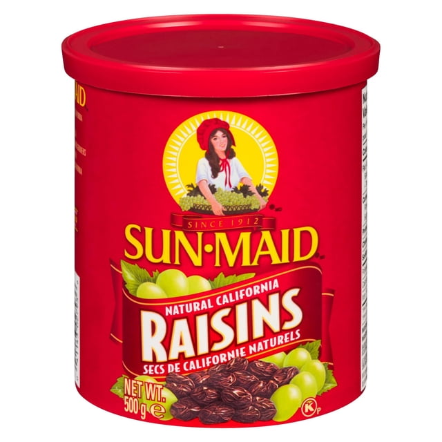 Sun-Maid Sunmaid Boîte de Raisins, Contenant Cylindrique Rouge avec le logo et une Femme Tenant des Raisins, Raisins de Californie Naturels Étiquetés avec des images de Raisins Verts et de Raisins Secs, Poids net 500 g, Souvent Utilisé comme Collation Santé Ou Garniture pour Céréales et Salades.