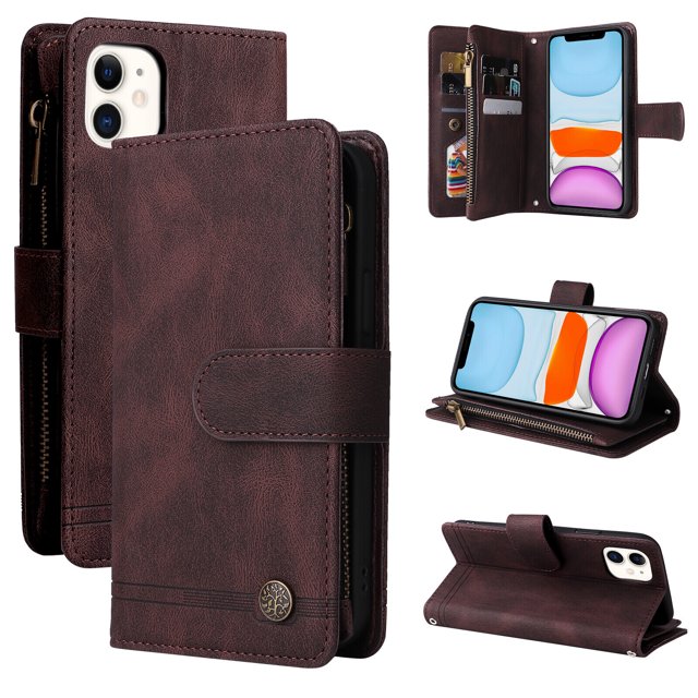 Case for iPhone 12 Cover Zipper Pocket Wallet Case Magnetic Protective - Braun