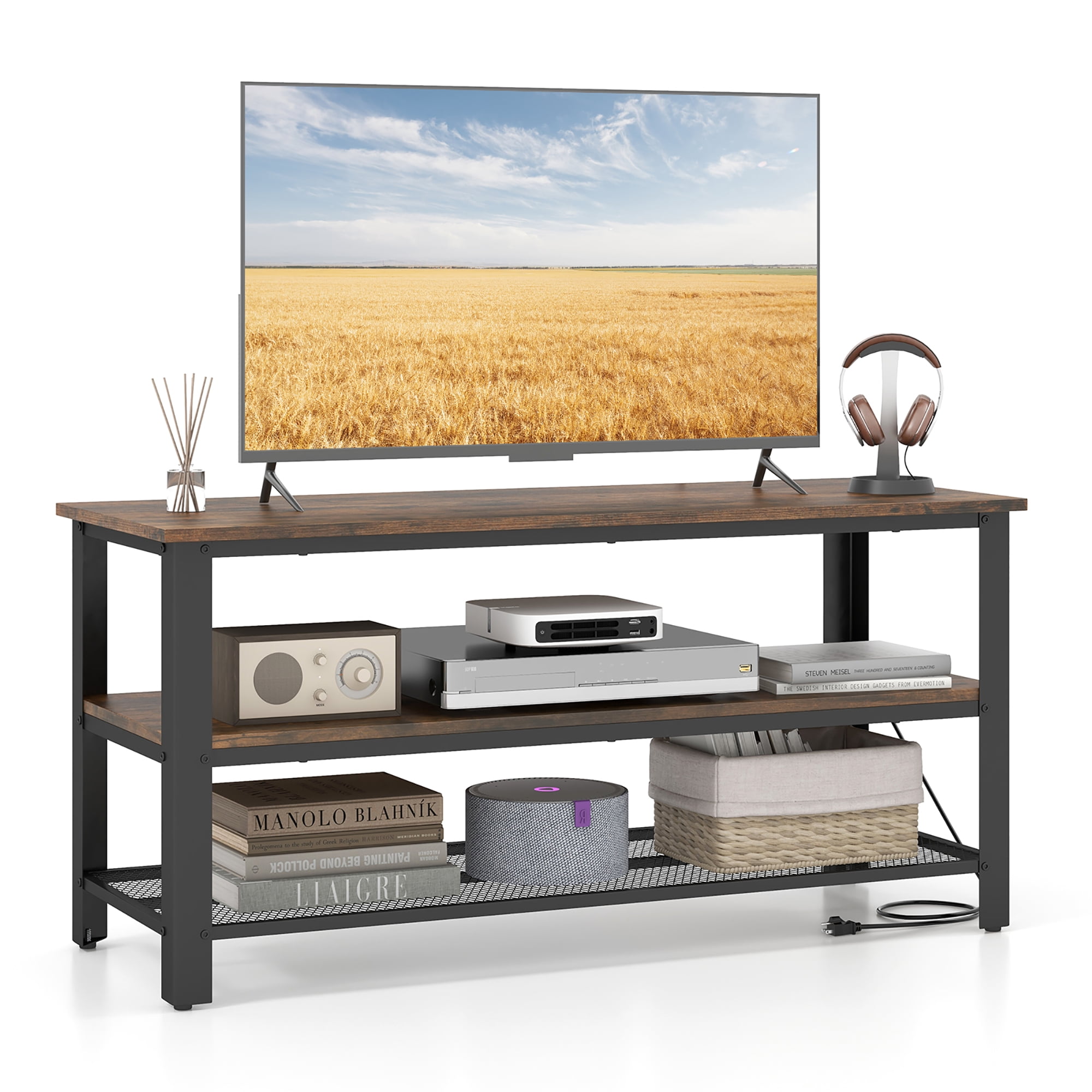 Gymax Meuble TV pour téléviseurs jusqu'à 50 pouces Centre de divertissement à 3 niveaux