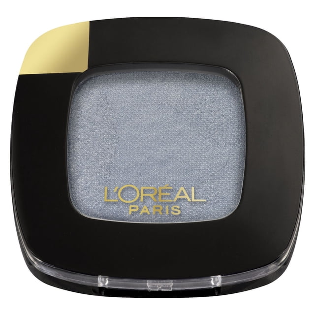 L'Oreal Paris Colour Riche Mono Eyeshadow in a square black compact with a gold accent, featuring a shimmery light blue cream eye shadow with a smooth texture and gold L'Oreal Paris logo on the transparent lid, suitable for precise, long-lasting eye makeup application.