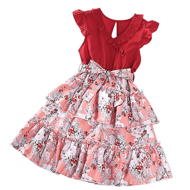 Chandails pour Filles Taille 8 Robe de Demoiselle d'Honneur pour Petite Fille Robes pour Filles Été Manches Volantées Robe à Imprimé Floral