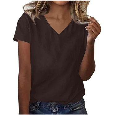 Besolor Summer Short Sleeve Shirts for Women Casual V Neck Solid Color Basic Tees Ladies Going out Tops