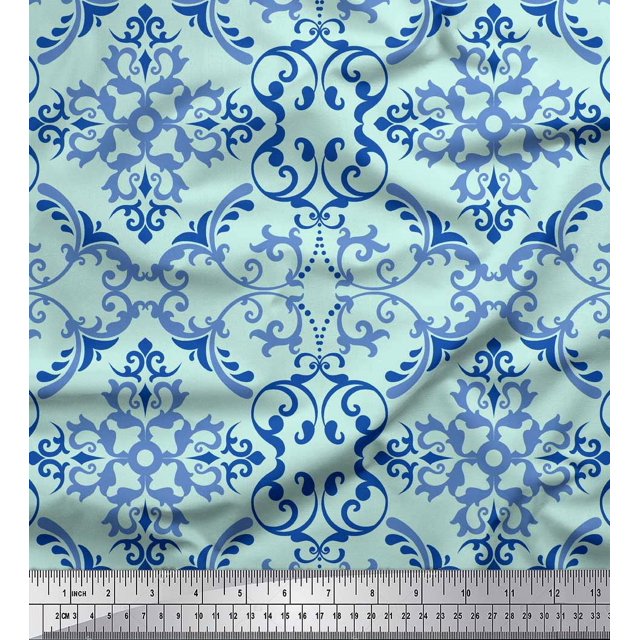 Soimoi Green polyester Crepe Fabric Vector Design Damask Print Fabric by Yard 52 Inch Wide