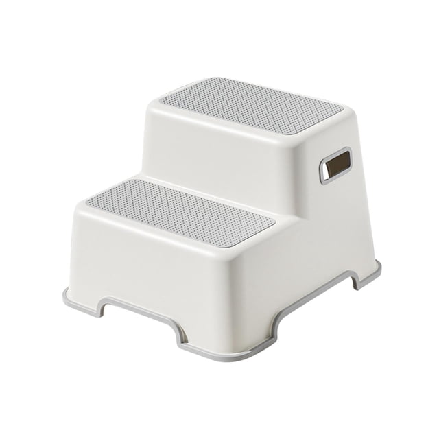 Kids and toddlers step stool in grey with a two-step design featuring anti-slip textured surfaces and anti-skid rubber feet for stability. Made of durable PP material with reinforced ribs, it measures approximately 30cmx35cmx25cm (11.81inchx13.78inchx9.84inch). Ideal for potty training, bathroom use, hand washing, and reaching sinks. Lightweight, multifunctional, and easy to clean.