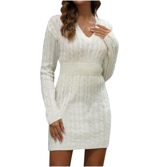 cfhntfmh Robes Chandails pour Femmes Doux Col en V Manches Longues Robe Chandail en Tricot Hiver Chaude Couleur Unie Robe Mini