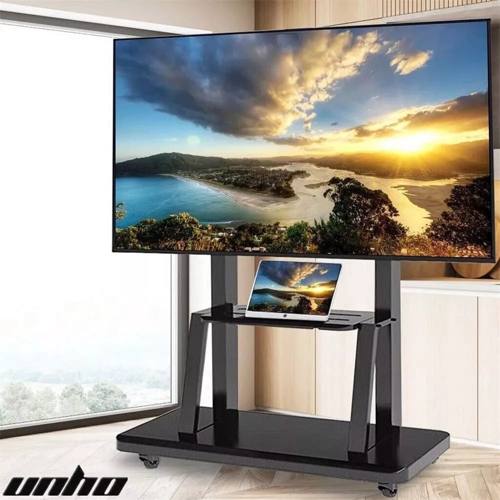 UNHO Heavy Duty Mobile TV Cart Stand on Wheels - 32" to 100" Screen, Adjustable Height, 176lb Capacity, 2 Shelves, Ideal for Office & Meeting