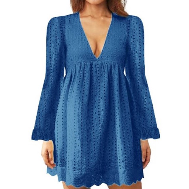 MAWCLOS Ladies Loose Hollow Out Mini Dresses Party Flared Sleeves Short Dress Navy Blue 2XL