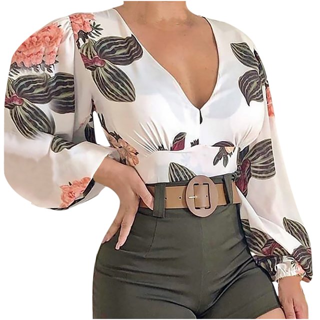 Haut Blouse à Manches Longues Fines pour Femmes, Manches Lanterne, Imprimé Floral, Col en V, T-Shirt pour Femmes
