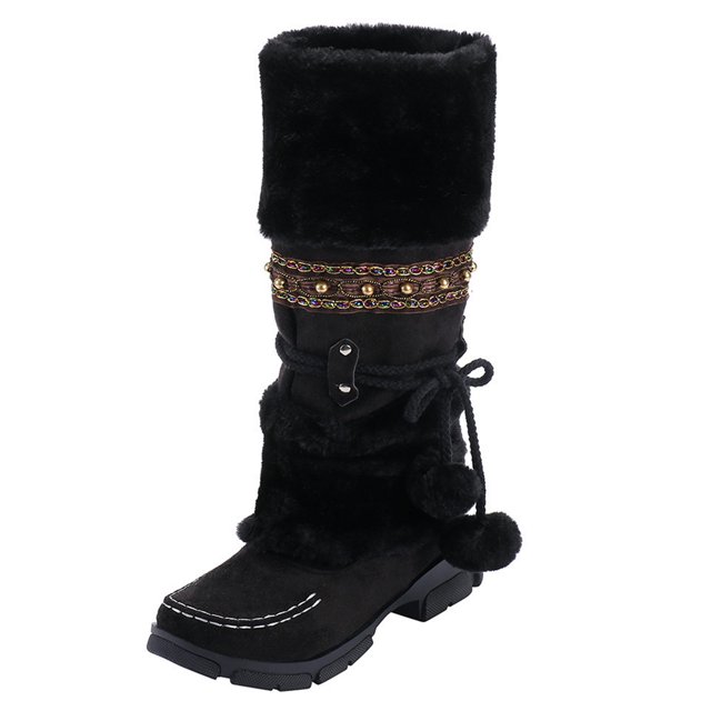 Bottes d'Hiver pour Femmes Chaudes à Bout Haut Rétro à Talons Ronds Bottillons à Pompon Mi-Hauteur - à Enfiler pour un Confort Stylé par Temps Froid