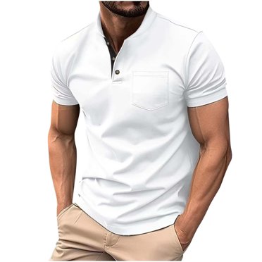 BEFOKA T-Shirts d'Été à Manches Courtes pour Hommes, Hauts d'Été en Liquidation, T-Shirt Boutonné Uni Décontracté pour Hommes à Col Montant à Manches Courtes