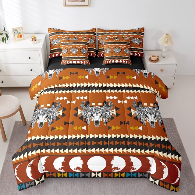 Western Queen Bedding Sets With Sheets Bull Skull Bed In A Bag 7 Piece Comforter Set Boho Aztec Bedding Set For Kids Adults Bohemian Exotic Bed Set Reversible
