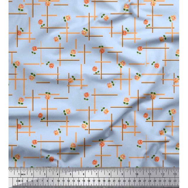 Soimoi Blue Rayon Fabric Maze & Grandiflora Roses Floral Print Fabric by the Yard 56 Inch Wide