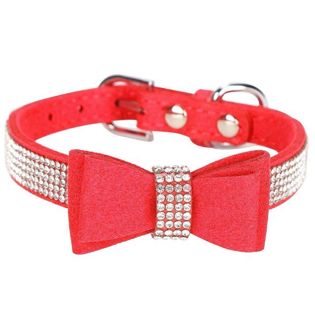 Collier pour Chat en Microfibre Suède Double Nœud Papillon Cristal Étincelant Strass Rouge G 50x2.5cm Fourniture pour Animaux